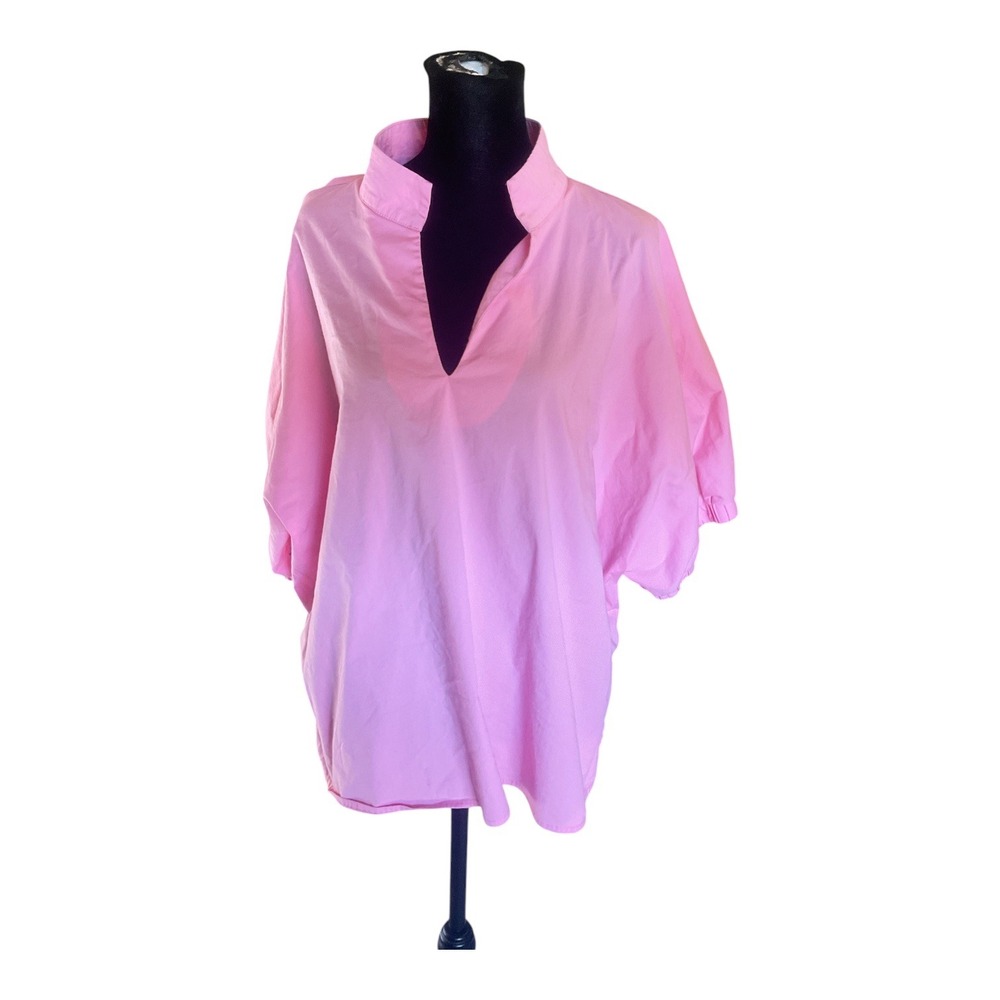 Entro Pink V-Neck Poplin Tunic Top Short Puff Sleeve Oversized Blouse 1X T26223P